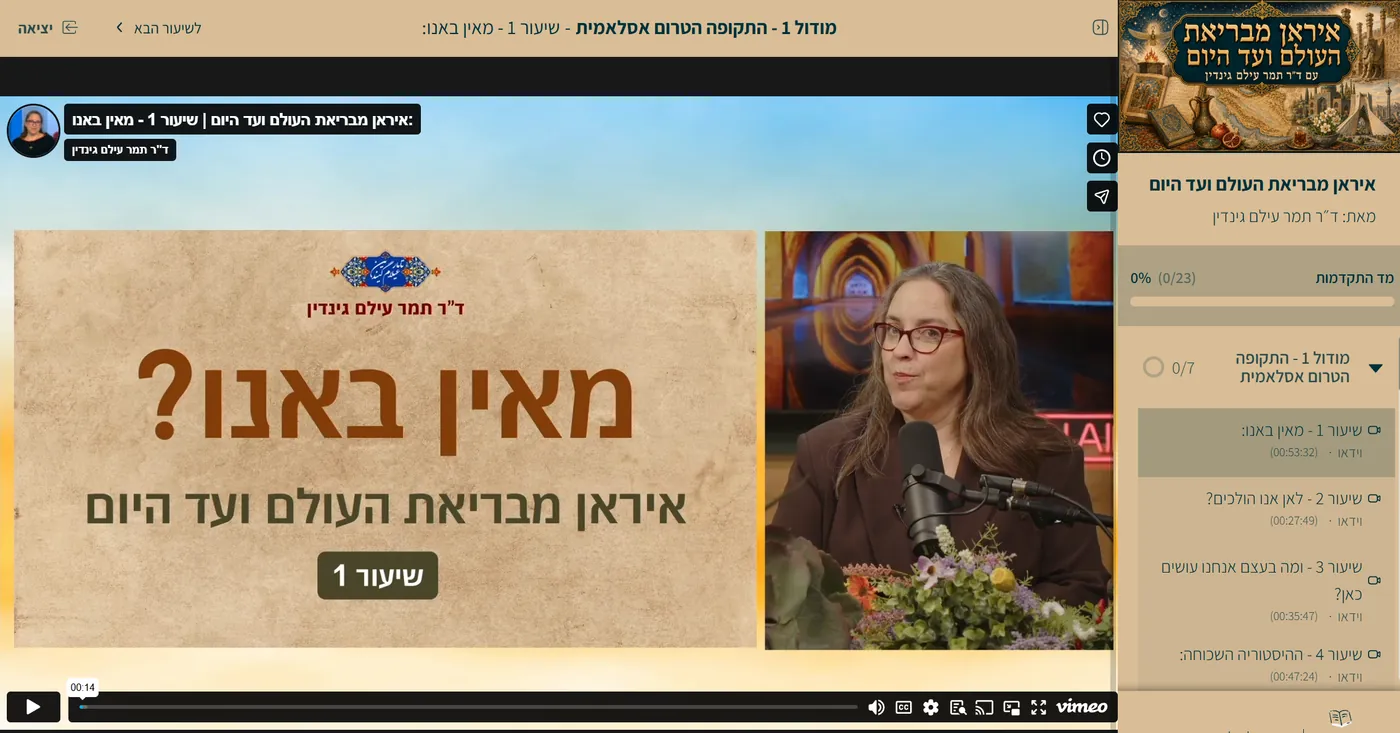 מערכת הצפייה של הקורס — נגן וידאו, מד התקדמות ורשימת השיעורים לפי מודולים